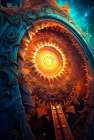 Fantasy of futuristic sun symbol and architecture. AI Generated. Art Print